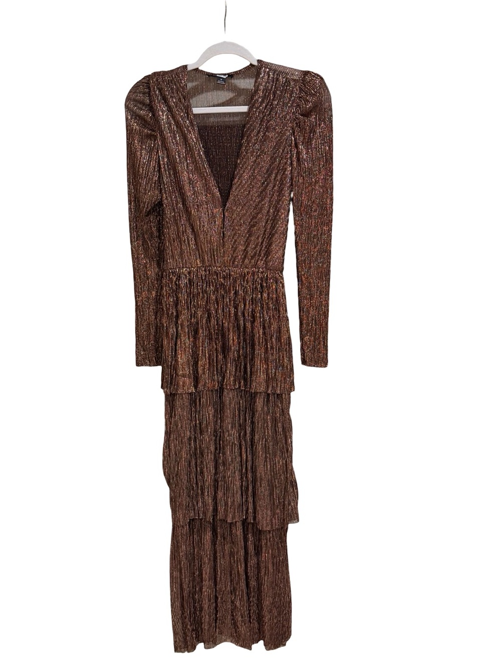 โจ Sabina Musayev Carry Metallic Pleated Tiered Maxi Dress Bronze Size Medium - Picture 7 of 16